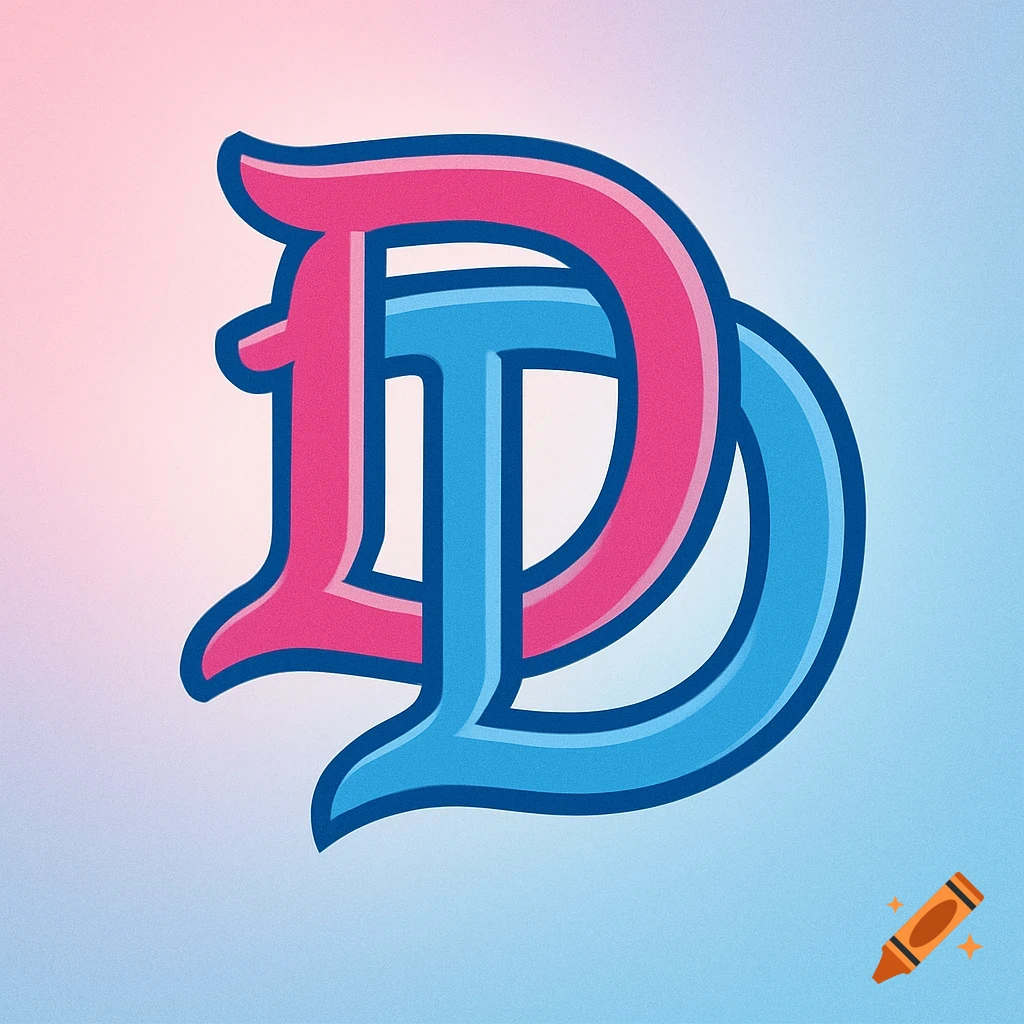 Baseball logo with two interlocking capital 'D's, one hot pink and one carolina blue, on a gradient background.