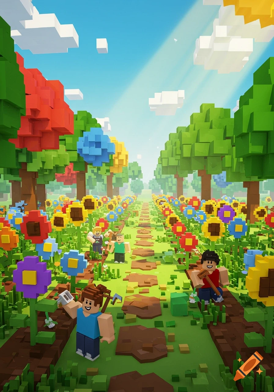 Blocky characters in a vibrant, stylized garden with colorful flowers and trees under a sunny sky.
