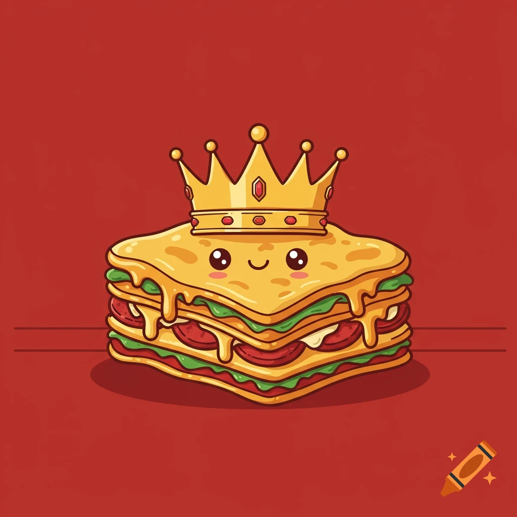 A cute, cartoonish lasagna wearing a gold crown and having a smiling face on a solid red background.