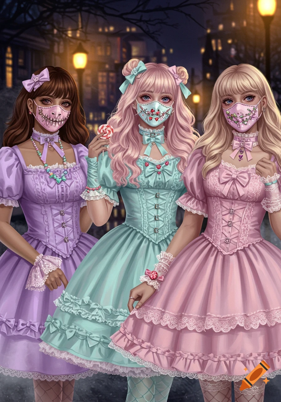 Three stylized women in pastel goth dresses, decorative face masks, and candy accessories pose on a dark street at night.