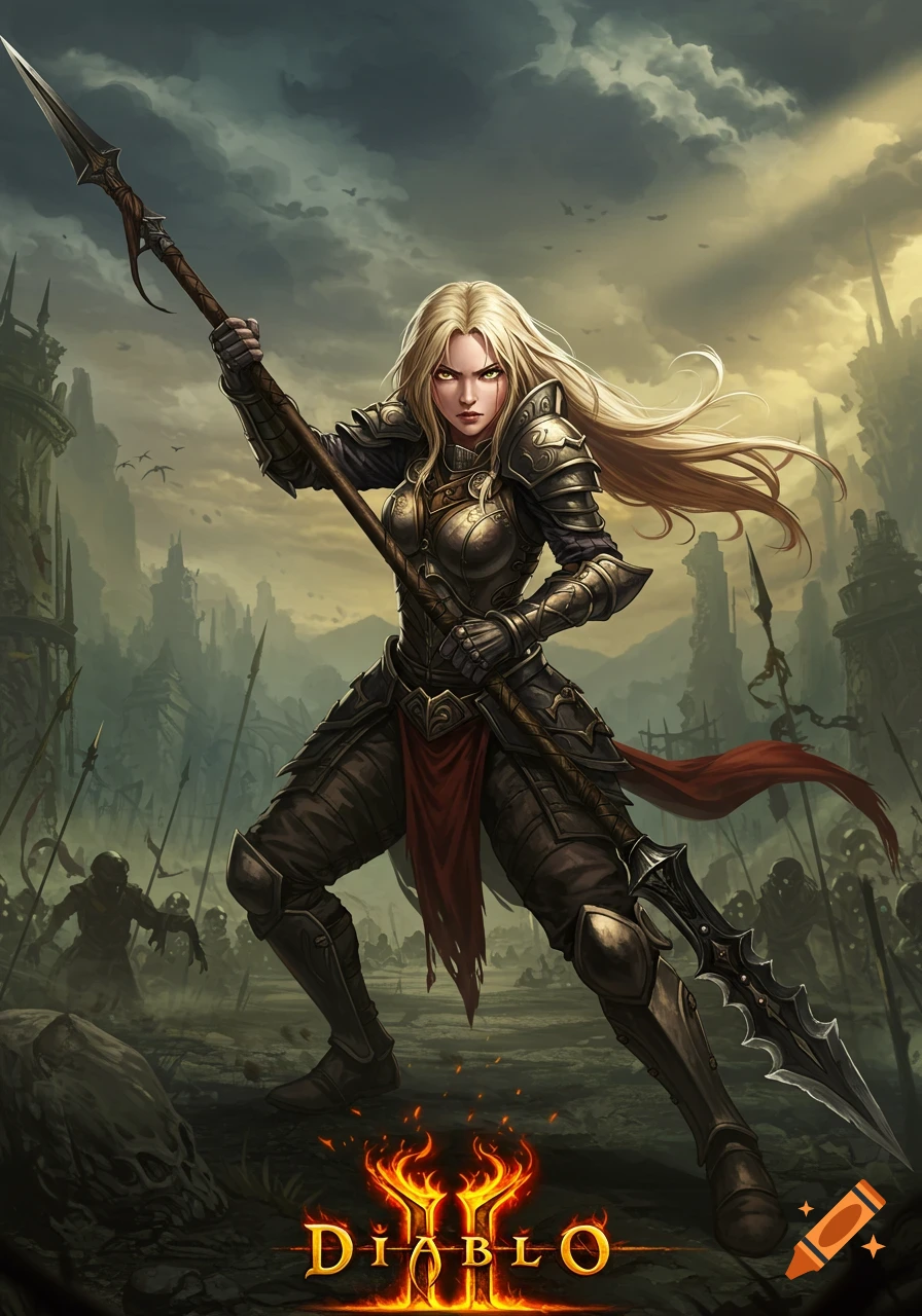 A fierce blonde female warrior in full armor holds a spear in a ruined, dark fantasy landscape, with a Diablo II logo below.