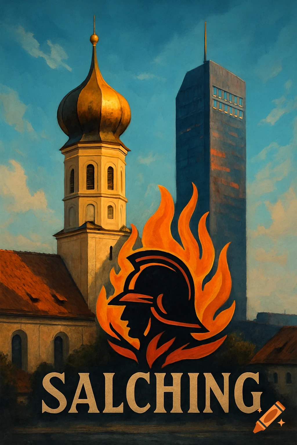 Painting of a cityscape with a church spire, modern skyscraper, and a firefighter helmet logo with flames, text "SALCHING".