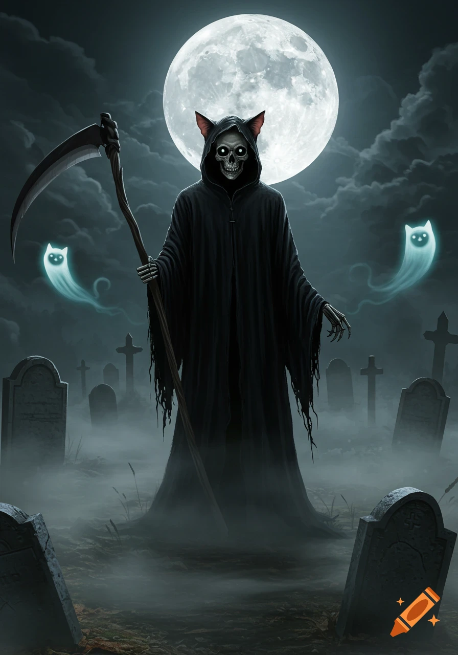 A grim reaper with cat ears holds a scythe in a foggy cemetery under a full moon, with two glowing cat ghosts.