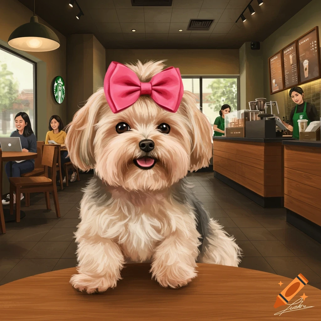 An adorable fluffy dog with a pink bow sits on a wooden table in a busy Starbucks coffee shop in a charming illustrative style.