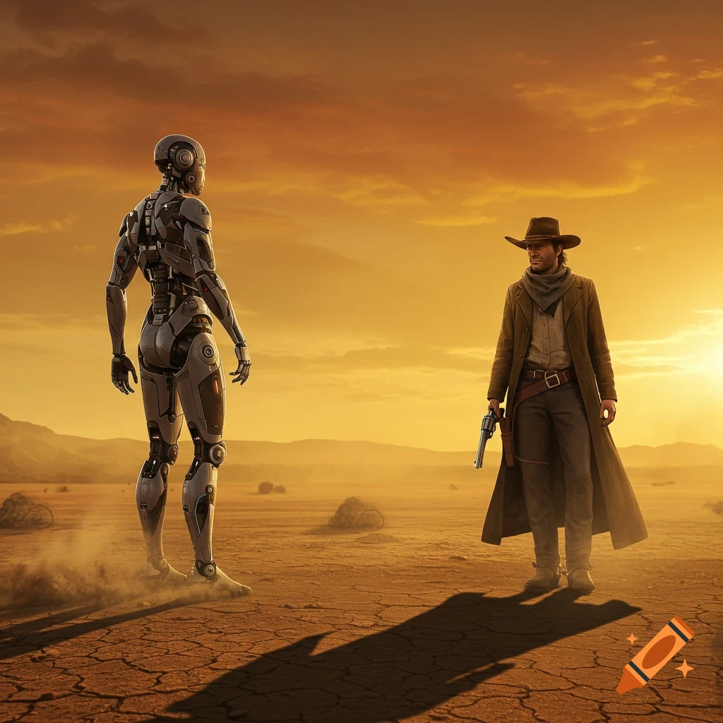 A photorealistic image of a robot and a cowboy in a desert standoff at sunset.