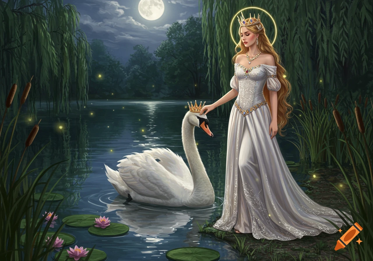 A serene swan princess in a white gown and crown gently touches a crowned swan on a moonlit lake with fireflies.