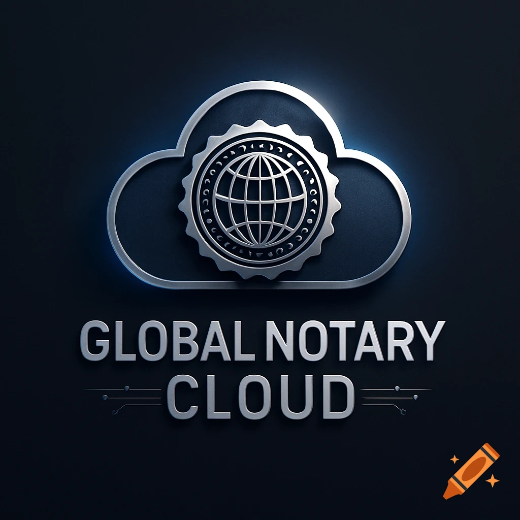 Silver metallic logo featuring a cloud with a globe icon, above the text 'GLOBAL NOTARY CLOUD' on a dark background.