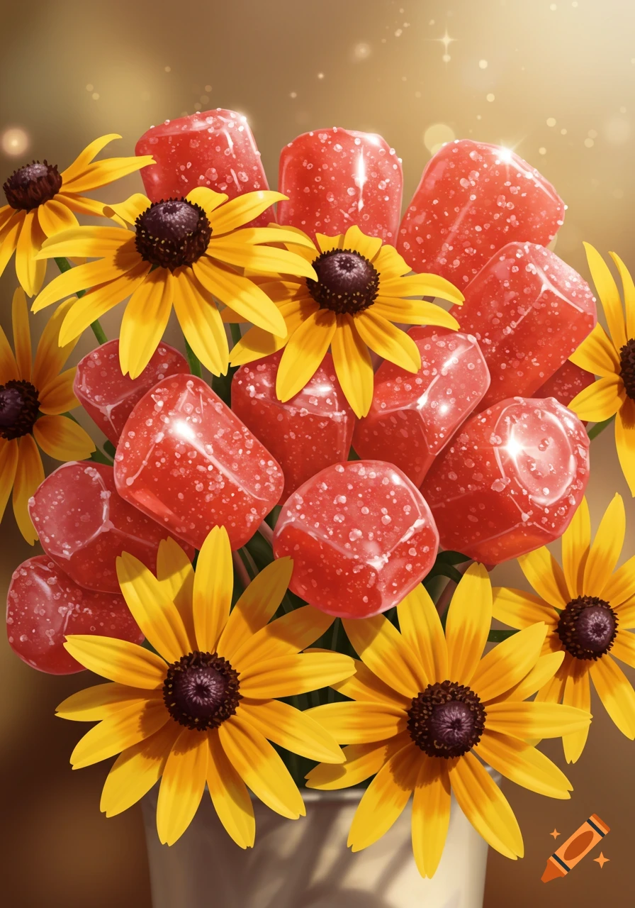 A bouquet of yellow black-eyed Susan flowers and shiny red sugar-coated strawberry candies, digital art.