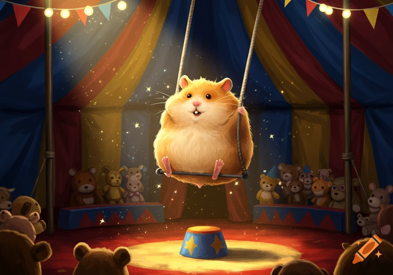 A cute, fluffy hamster swings on a trapeze in a colorful circus tent, surrounded by a teddy bear audience, in an illustrative style.