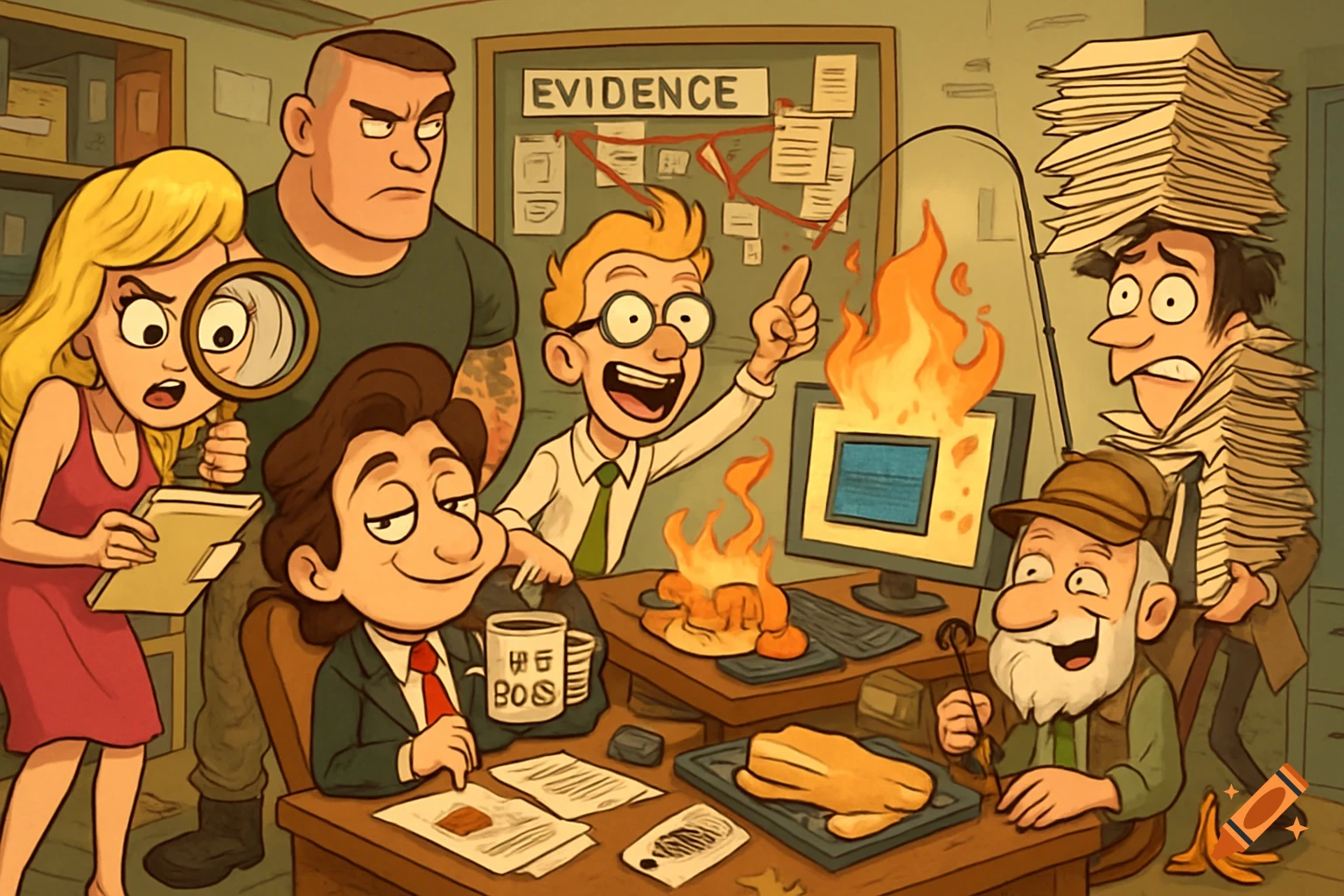 Six quirky cartoon detectives chaotically work in a messy police office, featuring a flaming computer, a man slipping on a banana peel, and a boss sipping coffee.