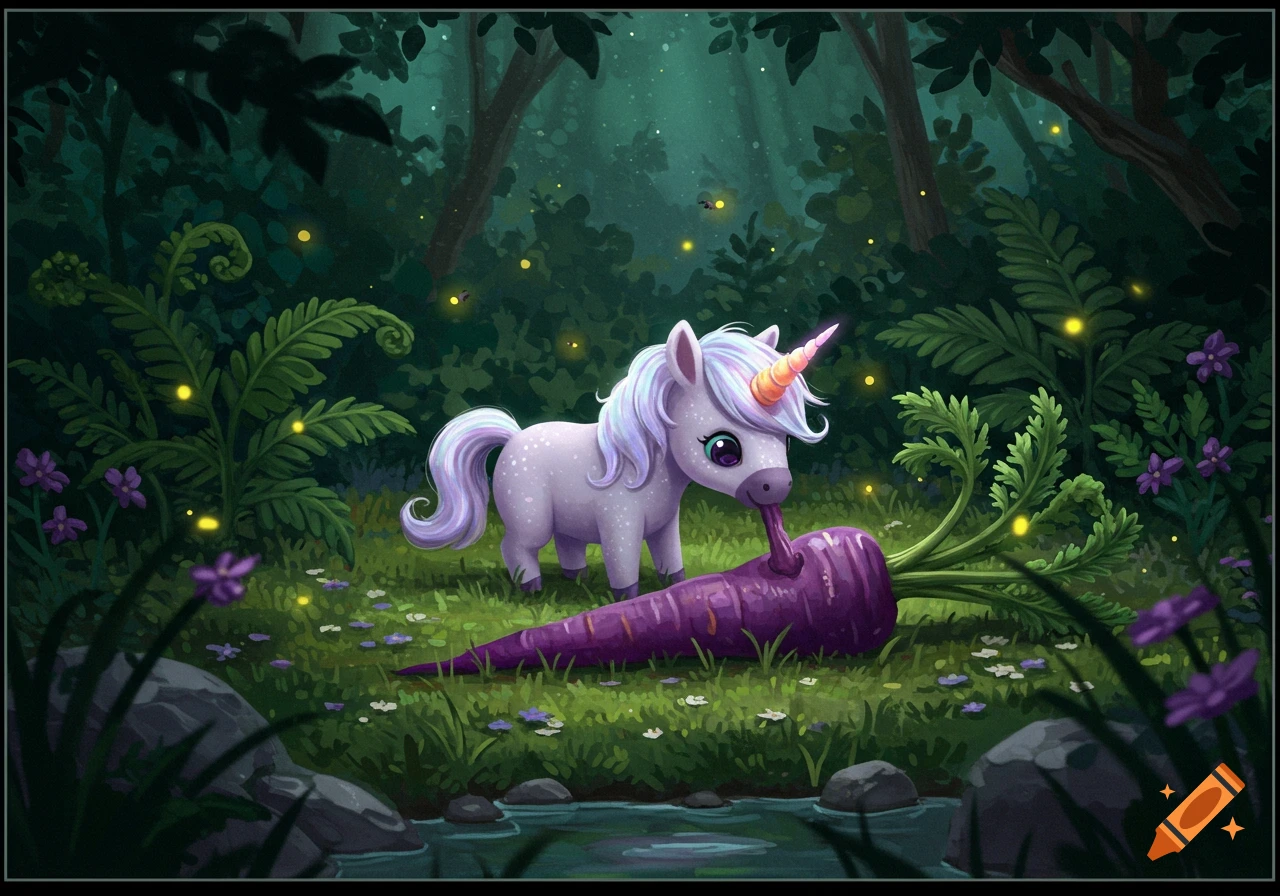A tiny, cute purple unicorn with a rainbow mane eats a giant purple carrot in a magical forest with glowing fireflies.