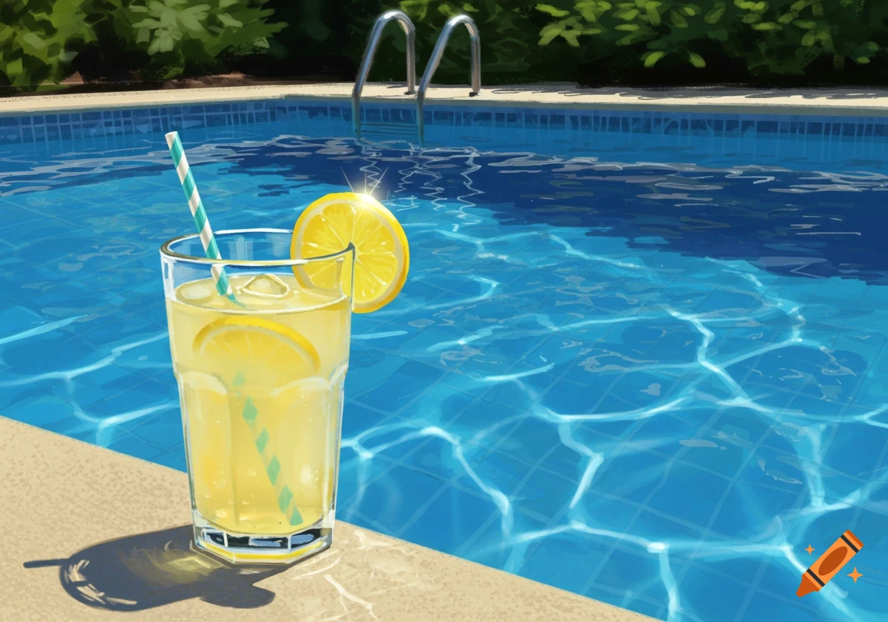A glass of lemonade with a lemon slice and a striped straw sits on the edge of a sunny blue swimming pool.