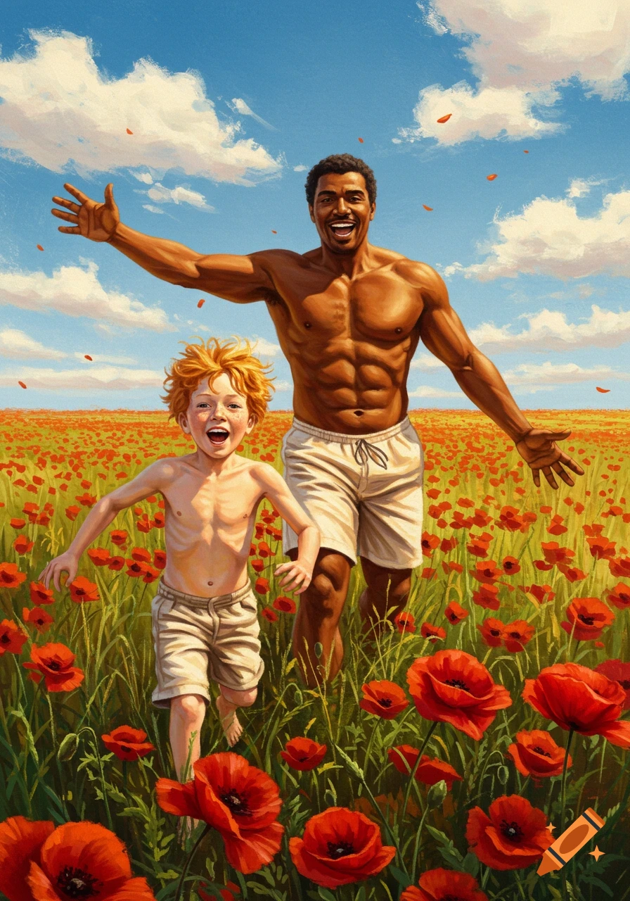 A muscular Black man and a slim ginger boy joyfully run through a vibrant red poppy field under a blue sky in a painterly illustration.