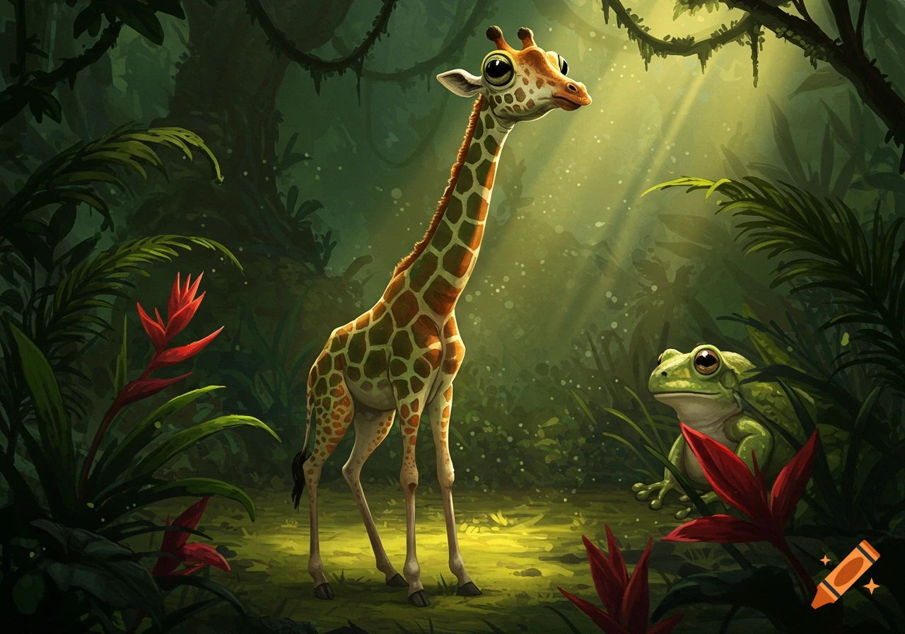 A cartoon giraffe with large eyes and a frog in a vibrant, sunlit jungle. Digital illustration.