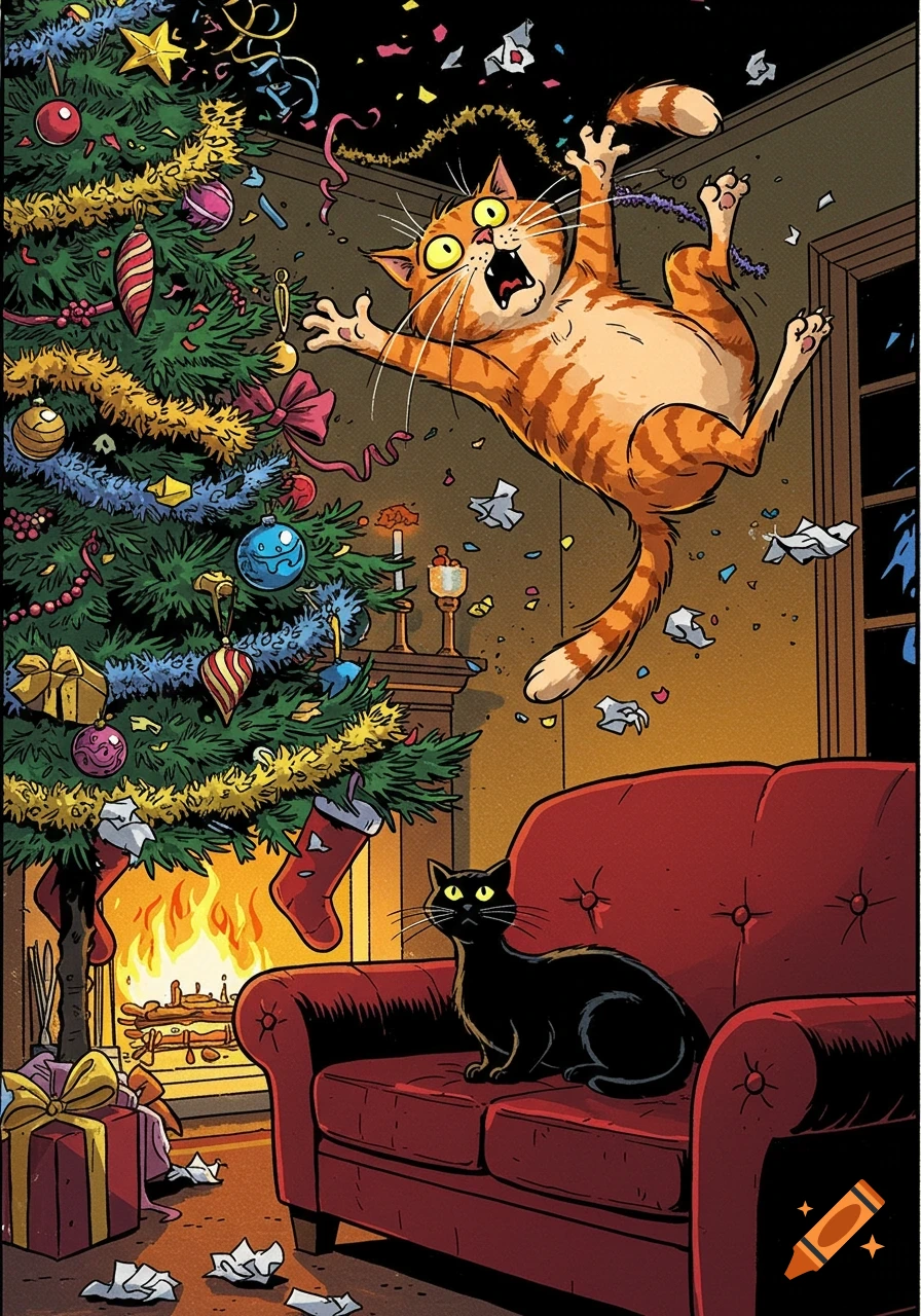 A comic book style image of an orange tabby cat falling from a decorated Christmas tree as a black cat watches from a red couch.