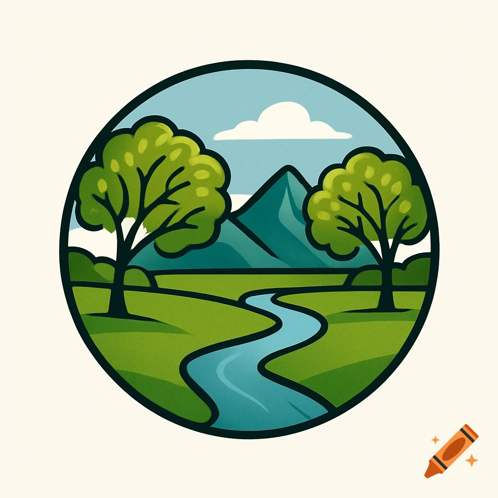 Stylized circular logo illustration of a landscape with a winding river, trees, fields, and mountains under a blue sky.