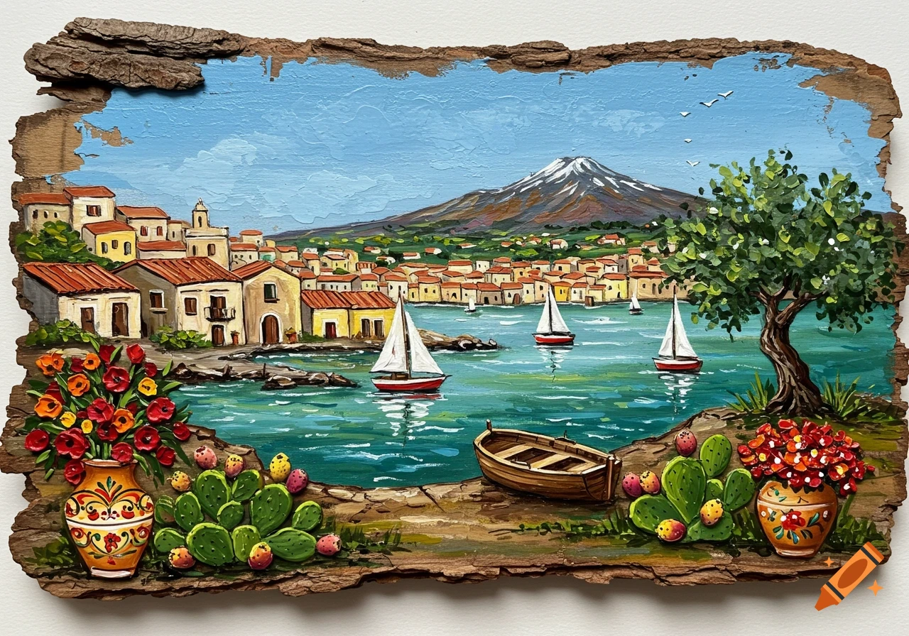 A vibrant decorative painting of a Sicilian Mediterranean village with Mount Etna, sailboats, and flowers in a bark frame.