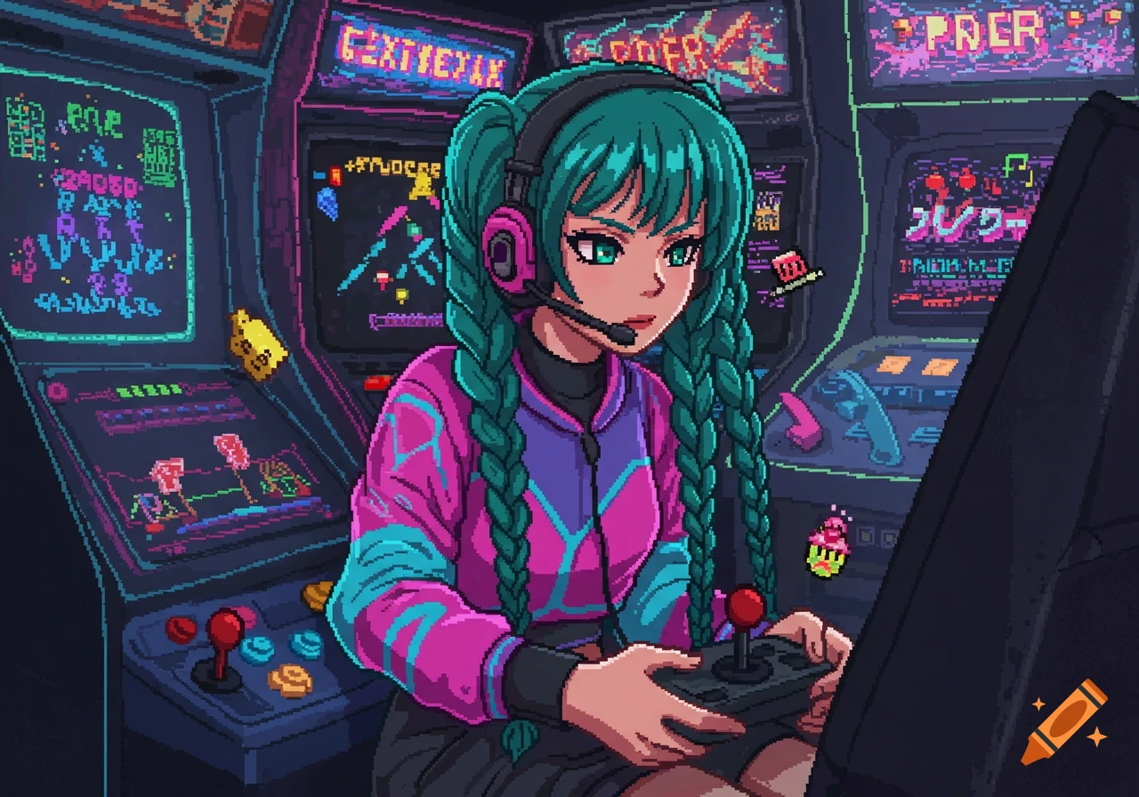 Pixel art anime girl with teal braids and a headset plays an arcade game with a joystick in a retro arcade.