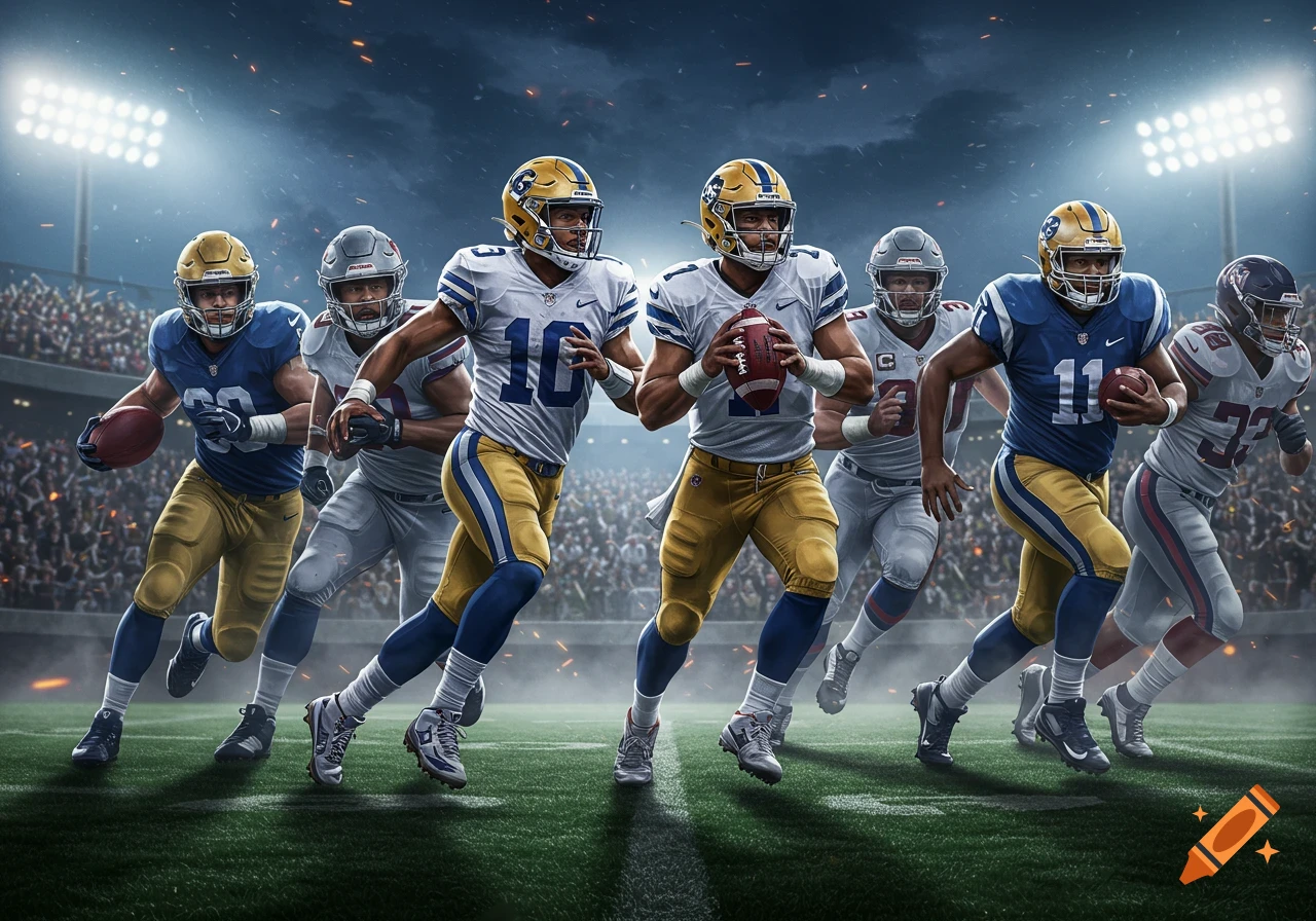 Several photorealistic American football players in blue, gold, and white uniforms run on a stadium field under bright lights.