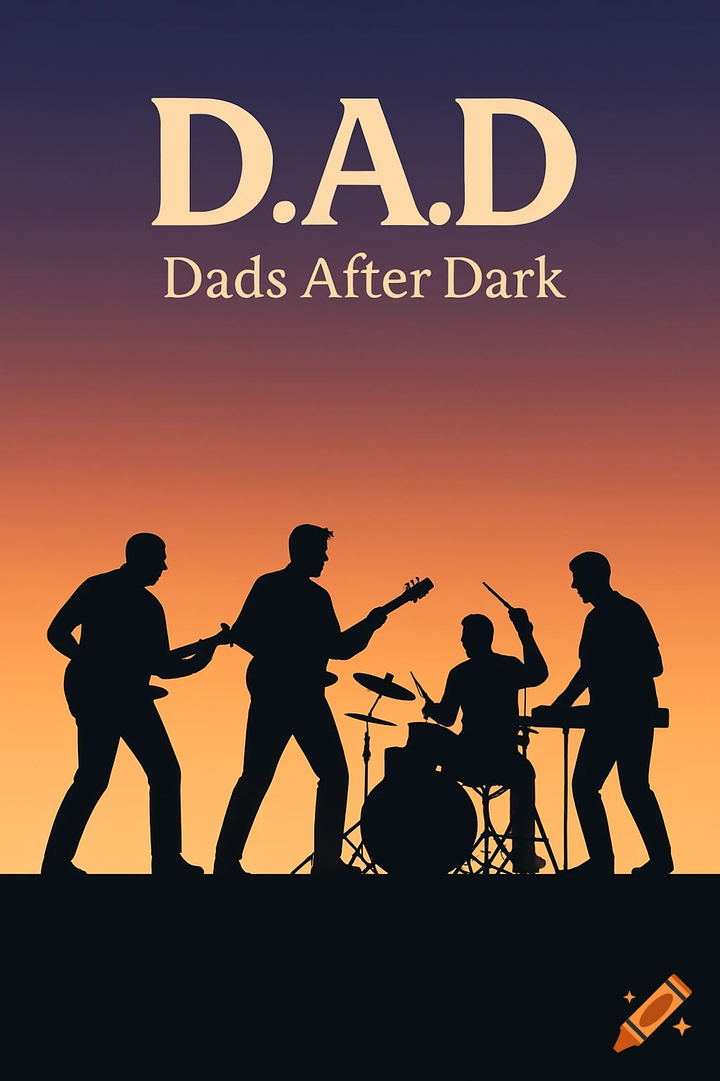 Silhouettes of a four-man band playing bass, guitar, drums, and keyboard against an orange and purple sunset with text D.A.D. Dads After Dark.