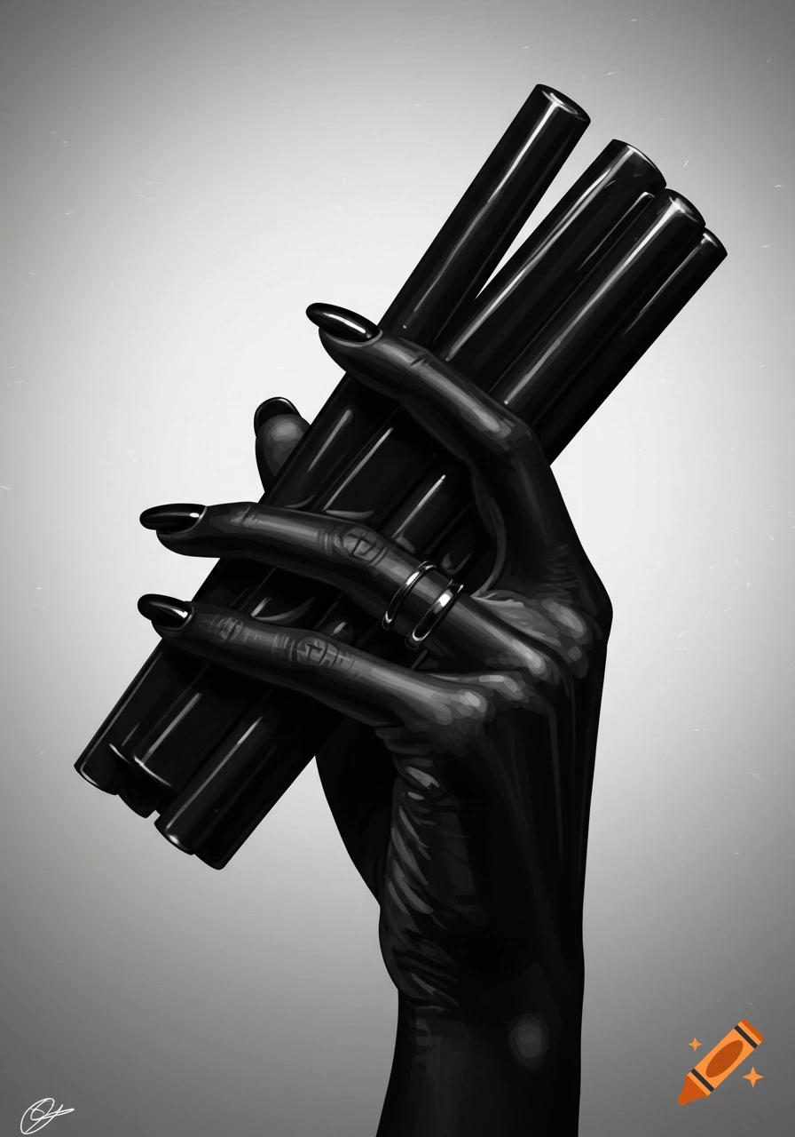 Stylized black hand with long nails, wearing a ring, holding several black cylindrical bundles against a gray background.