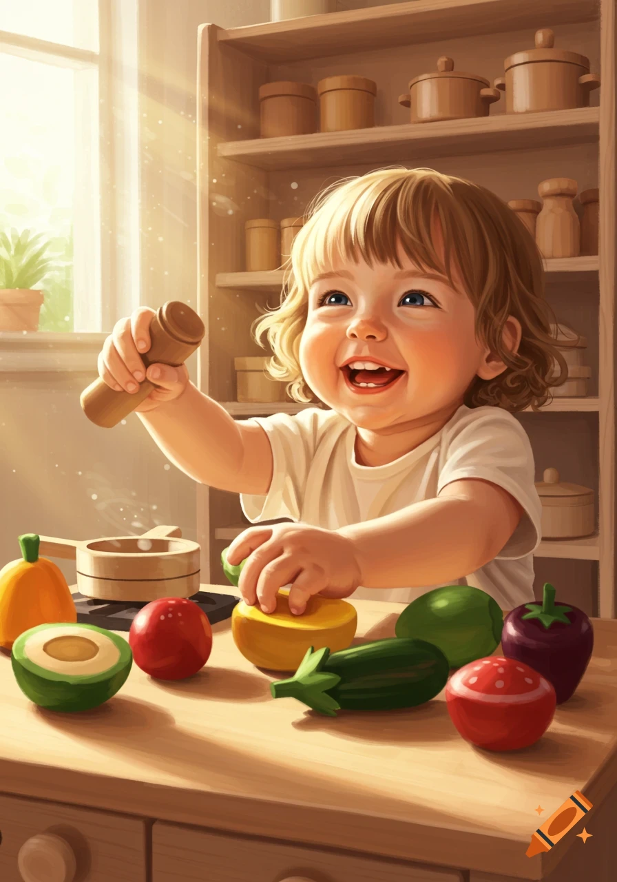 A happy toddler with blonde hair plays with wooden toy fruits and vegetables on a table, smiling joyfully in a sunlit room.