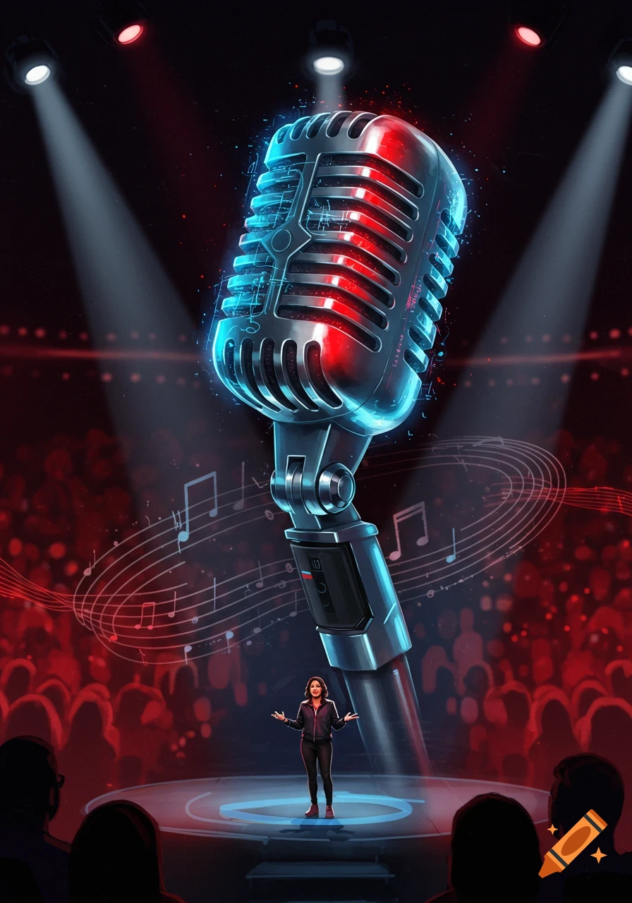 A presenter stands on a stage with a giant glowing microphone under spotlights, surrounded by musical notes and an audience.