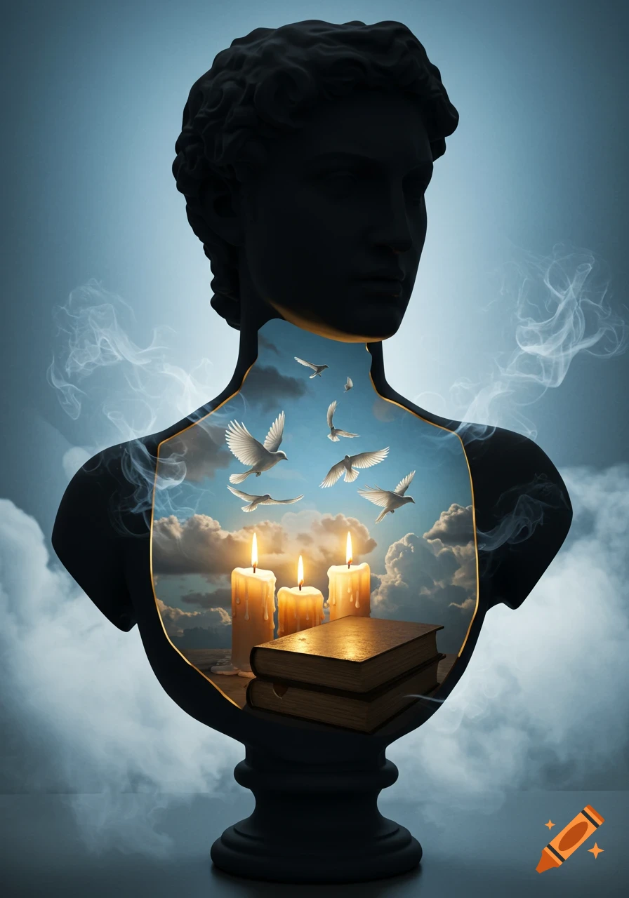 Dark classical bust of a man with a cutaway revealing a serene sky with white doves, three lit candles, and two old books inside.