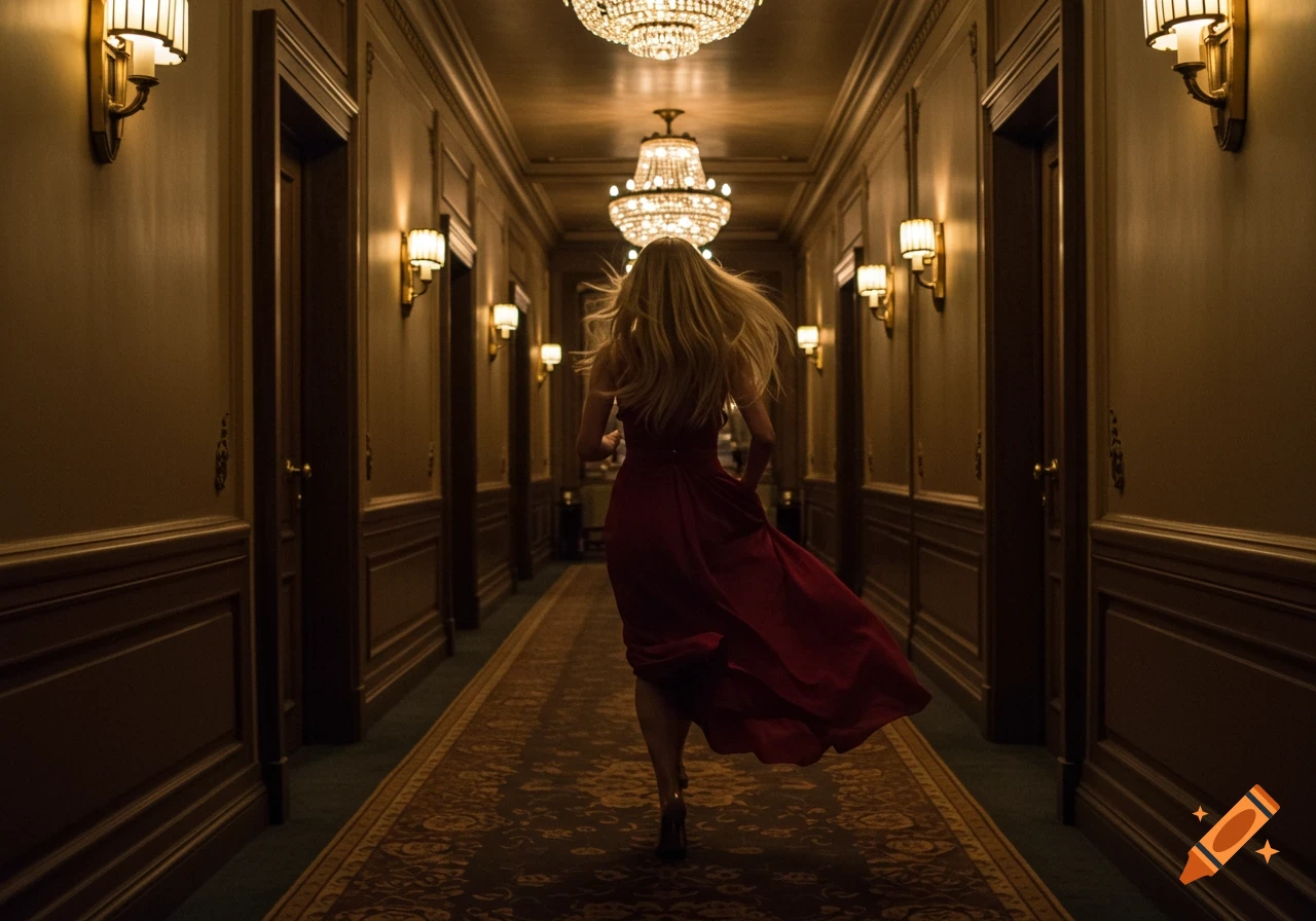 A blonde woman in a red dress runs down a luxurious hotel hallway with chandeliers and wall sconces.