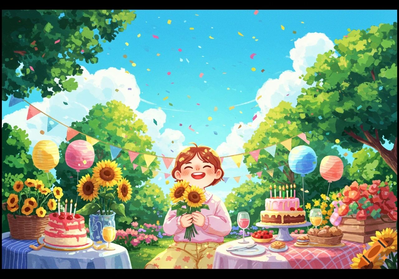 Cheerful cartoon illustration of a child holding sunflowers at an outdoor birthday party with cakes and balloons.