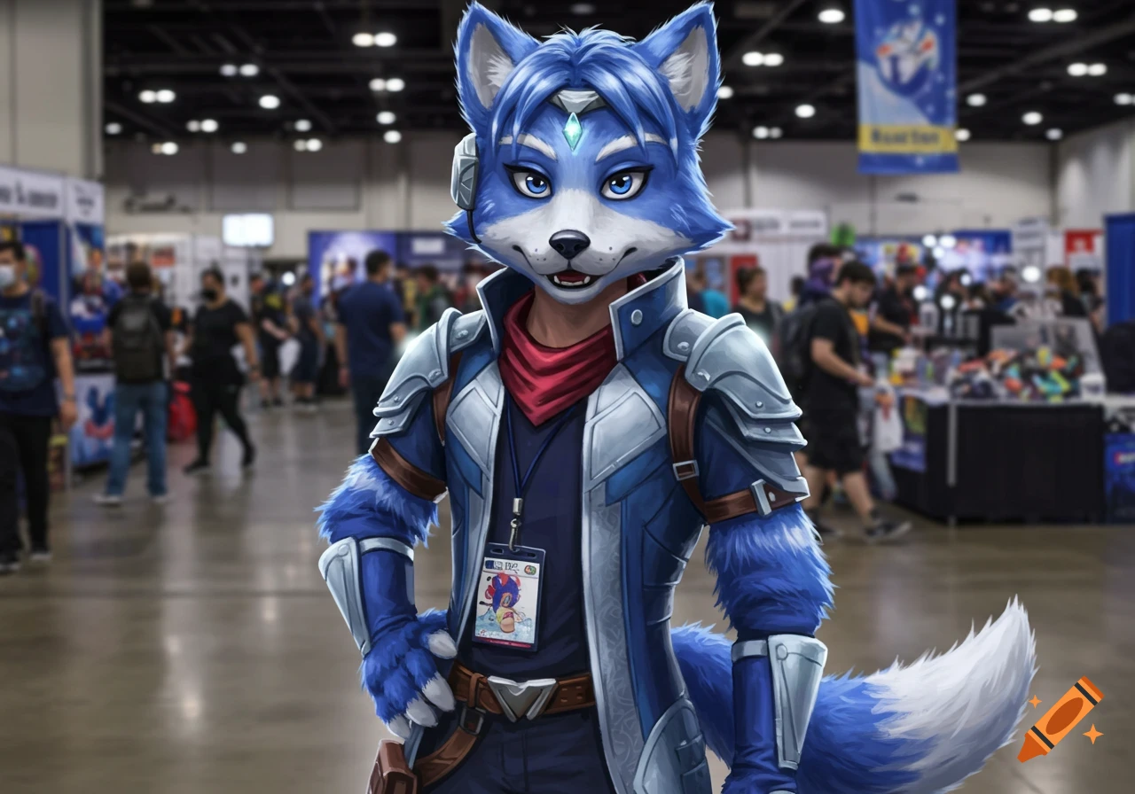 An anthropomorphic blue fox character resembling Krystal from Star Fox, wearing armor and a red bandana, stands in a convention hall.
