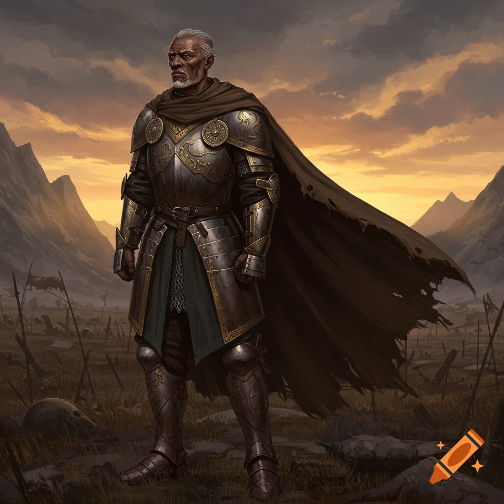 An aging soldier with medium brown skin, gray hair, and a beard, wearing ornate fantasy armor and a tattered cape, stands in a desolate field under an orange-tinted sky.