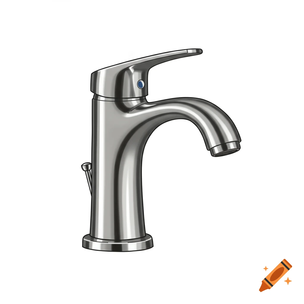 A 2D illustration of a silver single-handle faucet with a pull-up drain stopper lever on a white background.