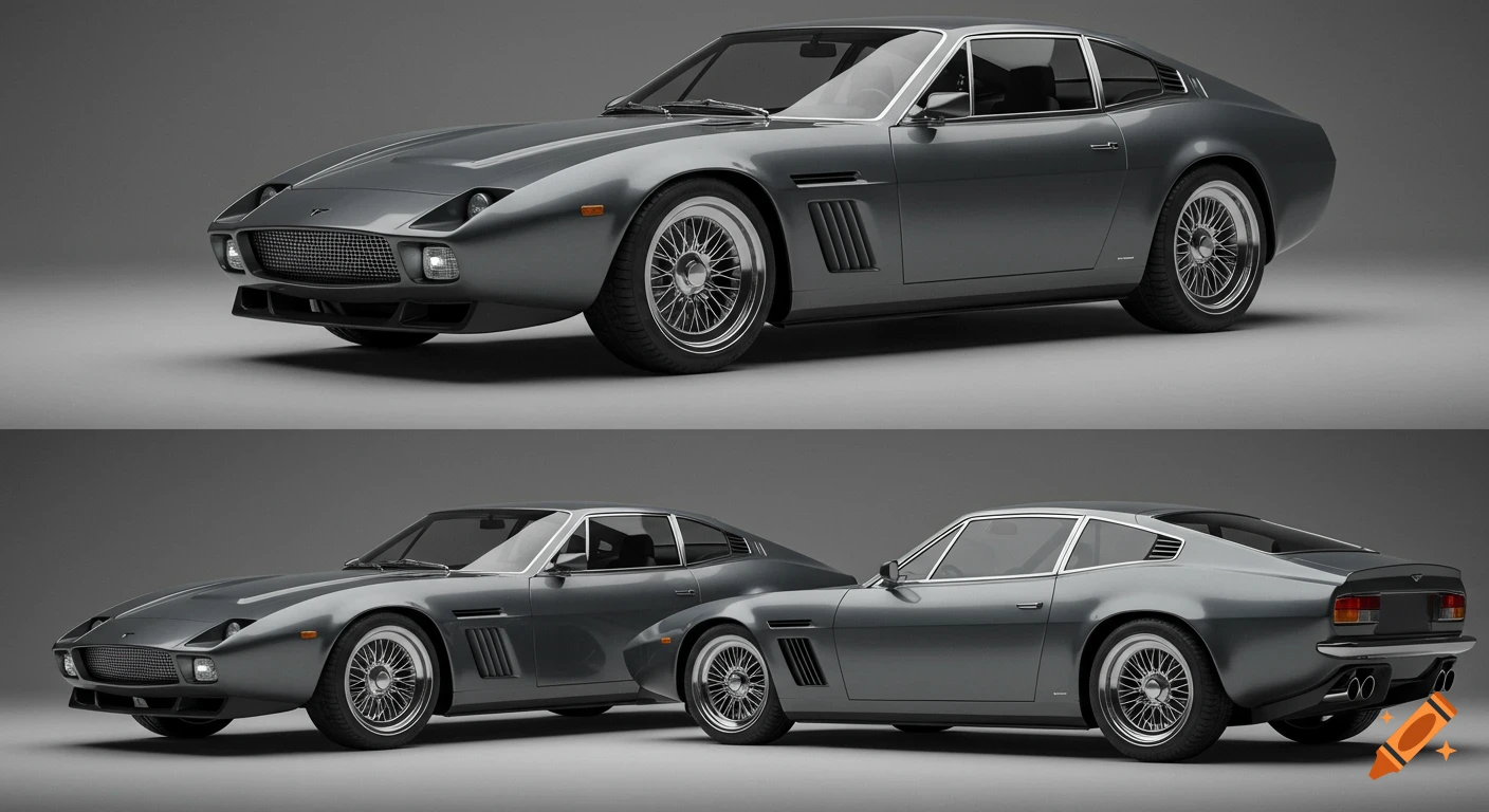 Photorealistic render of a gray retro grand tourer coupe with wire wheels against a neutral background.