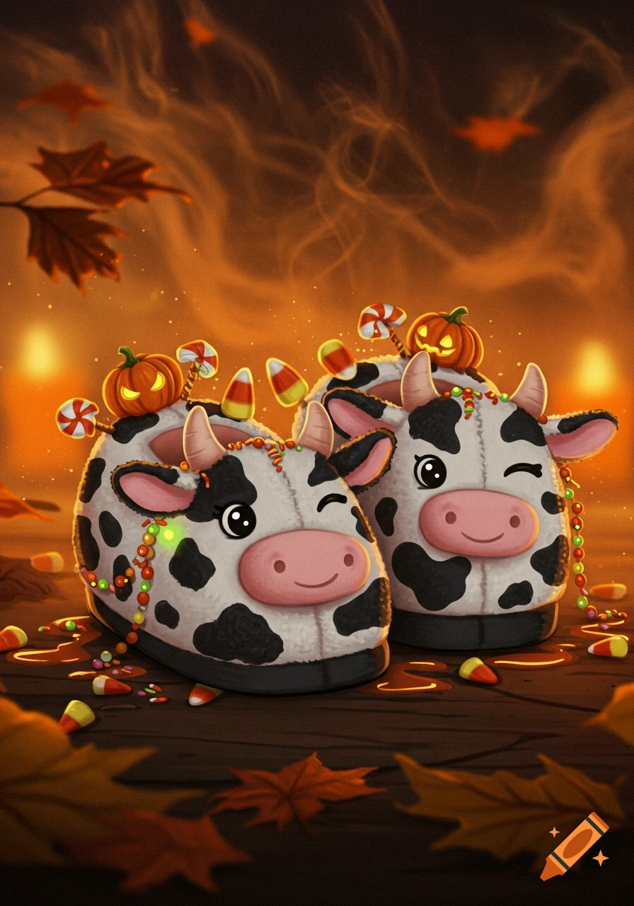 Two cute cow-print slippers decorated with Halloween pumpkins, candy corn, and beads on a wooden surface with autumn leaves.