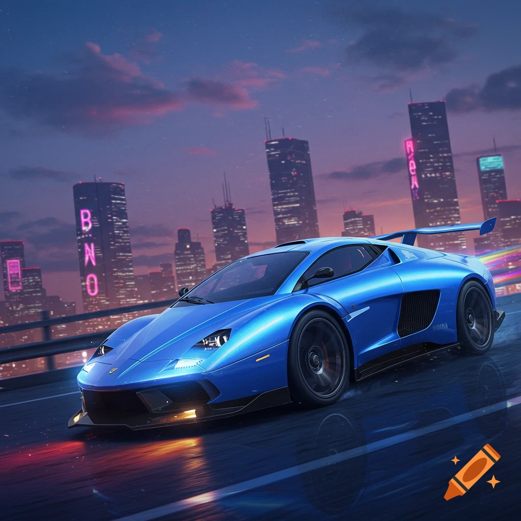 A sleek blue sports car speeds down a city street at night, with a cyberpunk-style skyline illuminated by neon lights.
