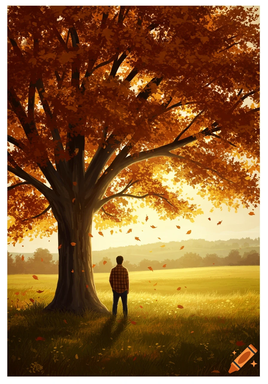 Illustrated scene of a man standing under a large autumn tree in a sunlit field with falling leaves.