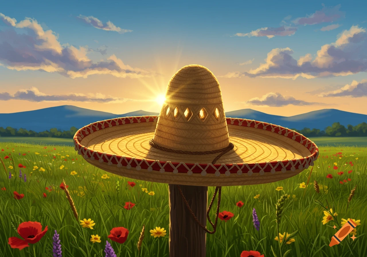 A straw sombrero on a wooden post in a vibrant field of wildflowers with red poppies and purple flowers, under a sunset sky.