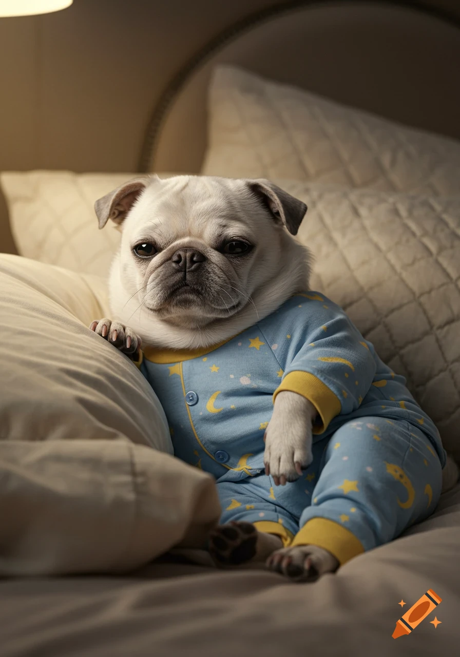 An ultra-realistic white pug wears blue pajamas with star and moon patterns, sitting in a cozy bed.