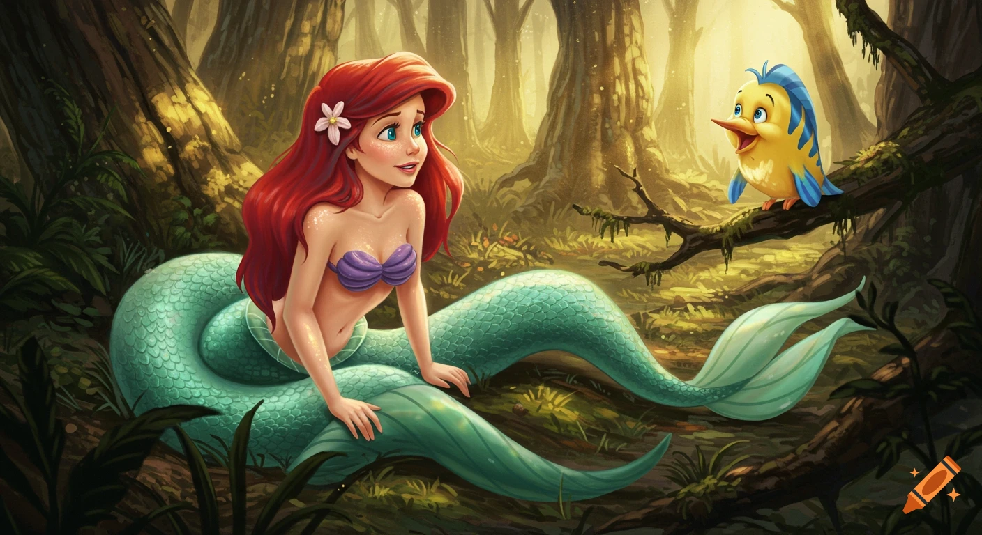 Cartoon illustration of Ariel as a lamia with a green snake tail and a woodpecker Flounder in a lush, sunlit forest.