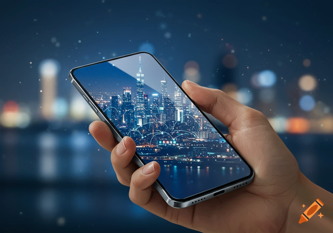 A hand holds a silver smartphone displaying a vibrant night city skyline with network connections, against a dark, blurred background.