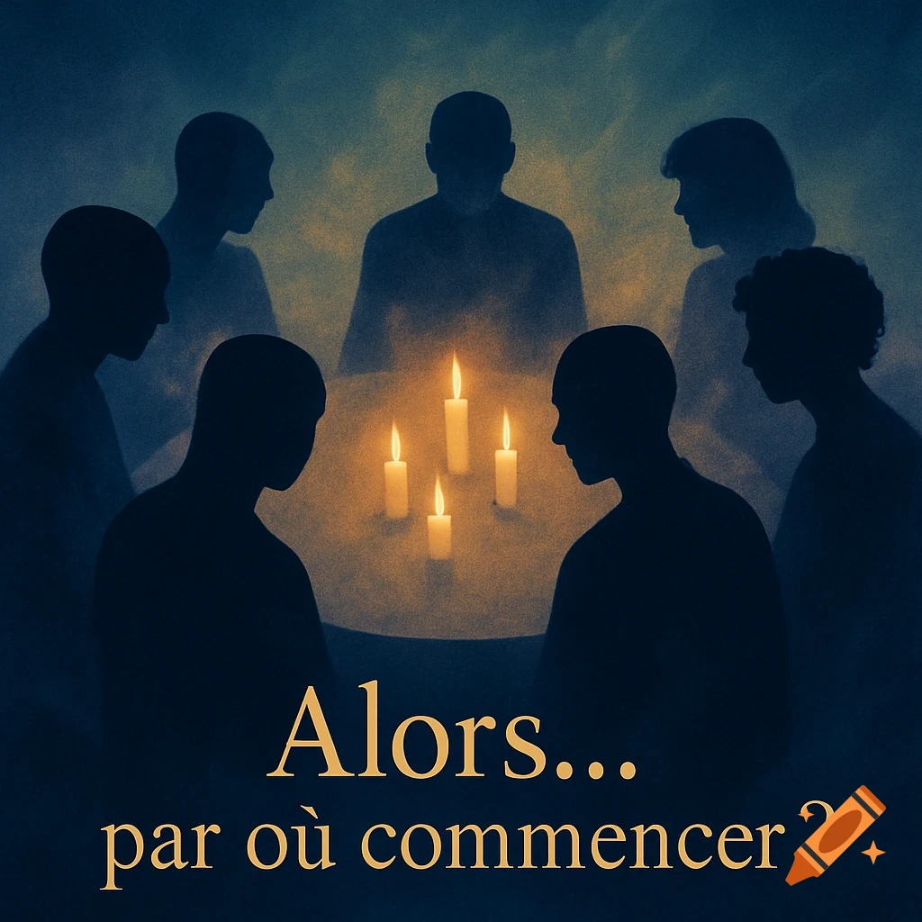 Six dark silhouettes gather around a table with lit candles in a mysterious, moody illustration. Text reads: "Alors... par où commencer?"