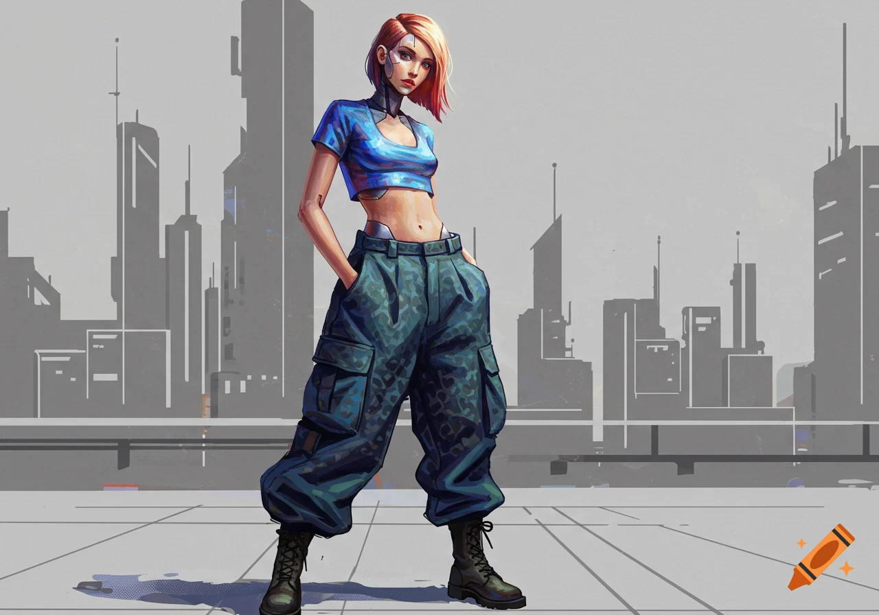 A red-haired female cyborg in a metallic crop top and baggy cargo pants stands before a minimalist city skyline, conceptual art style.