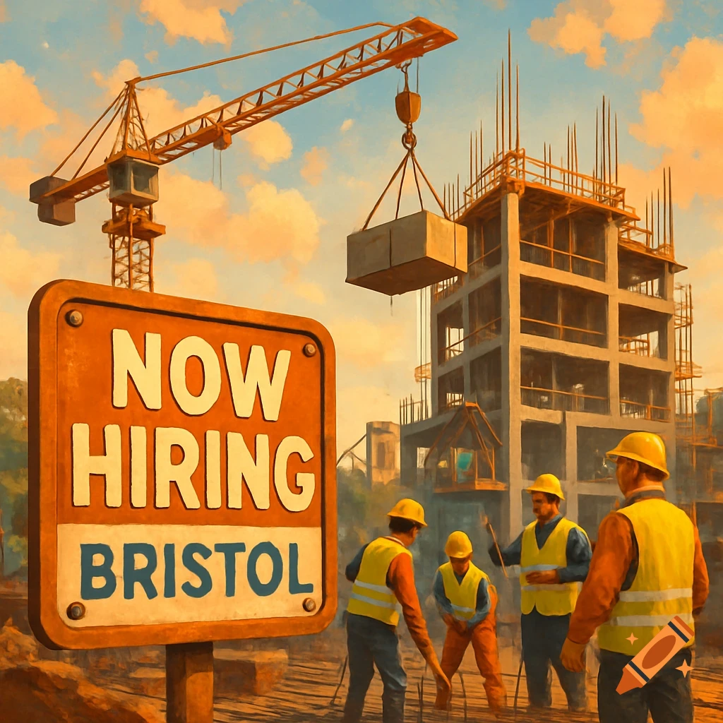 A stylized image of a construction site with a large 'NOW HIRING BRISTOL' sign, a crane, and construction workers.