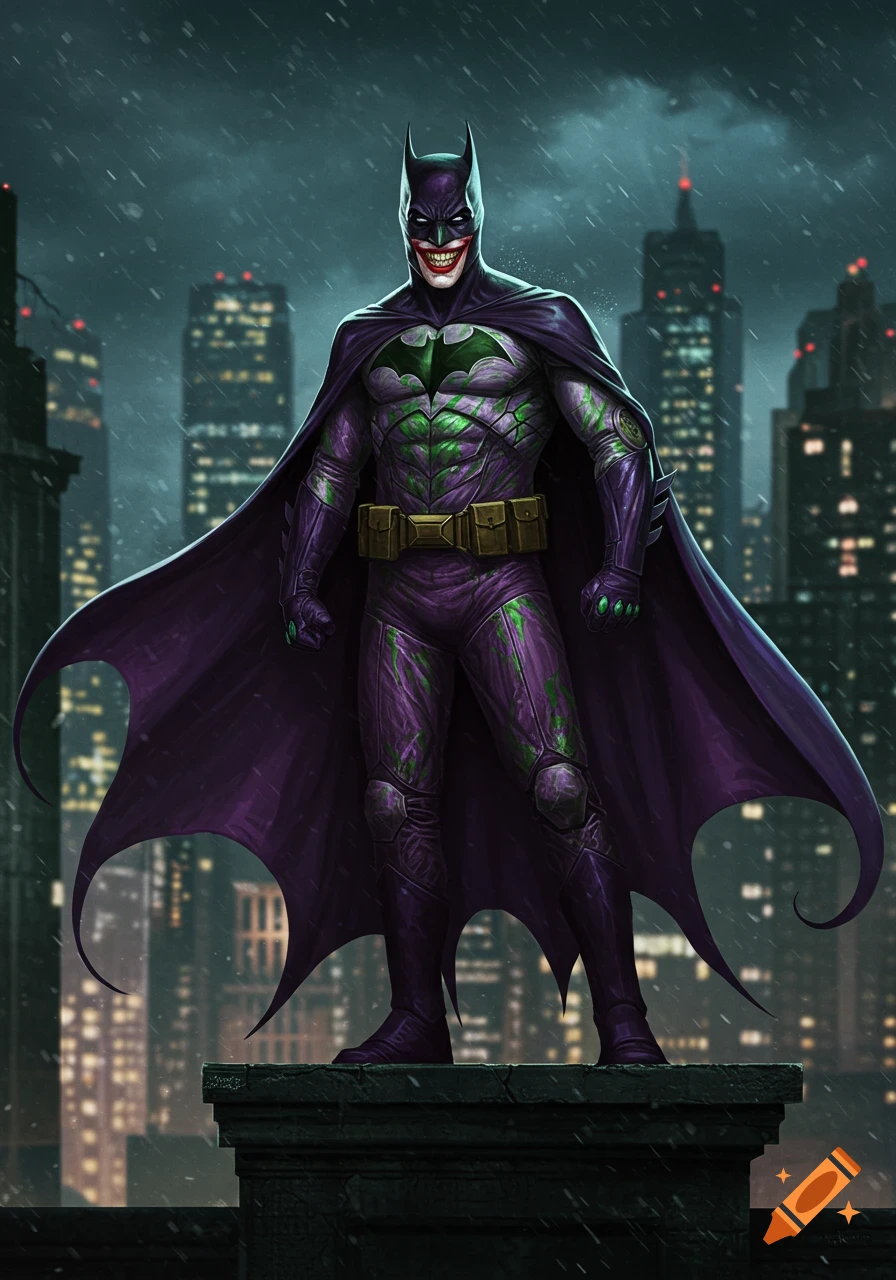 Jokerized Batman with a purple and green costume, pale face, and sinister grin stands on a rooftop in a rainy city.