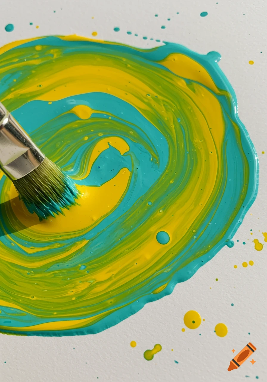 A paintbrush mixes yellow and cyan gouache paint into green swirls and splatters on white paper, photorealistic.