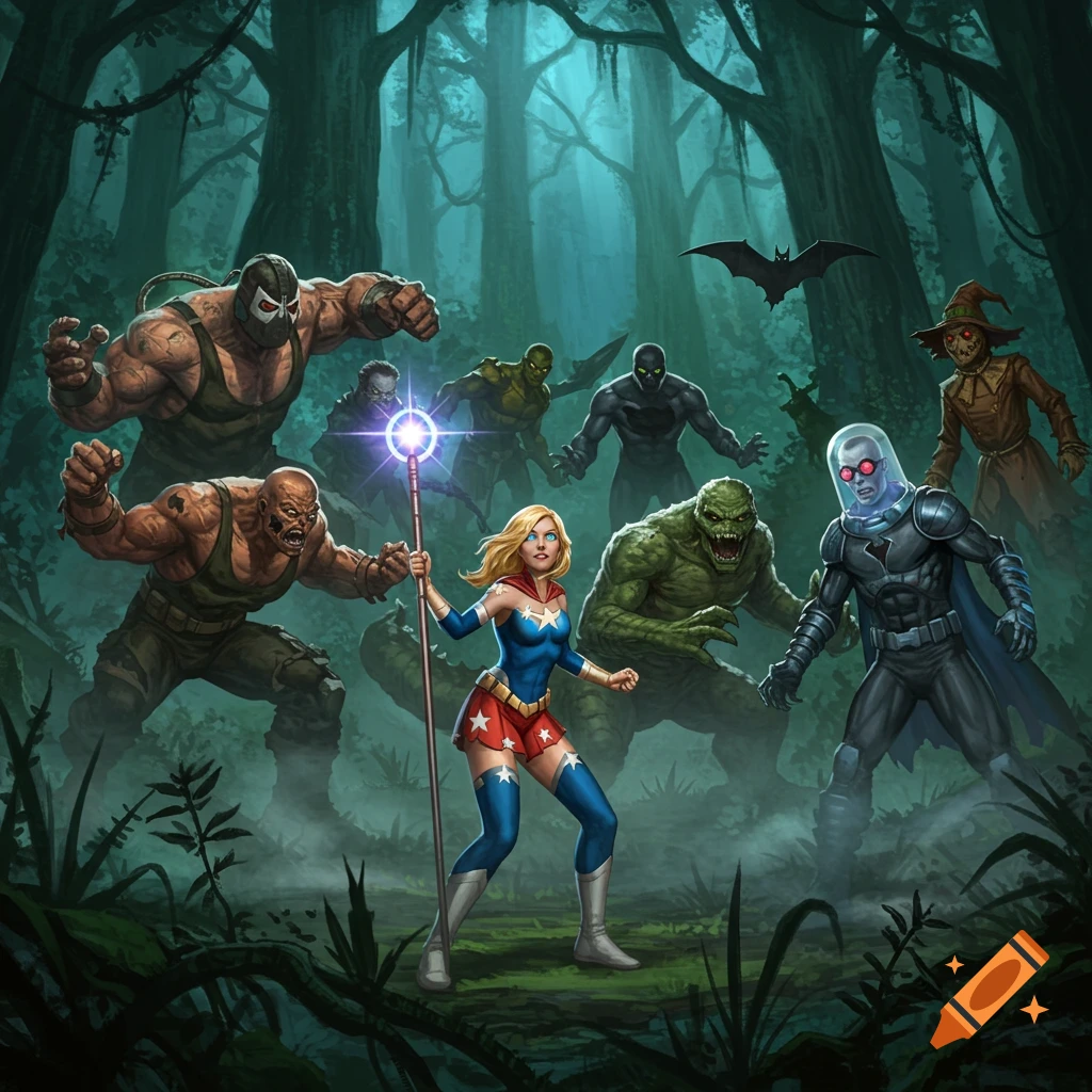 Stargirl stands ready to fight numerous DC villains including Bane, Killer Croc, and Mr. Freeze in a dark, misty forest, comic art style.