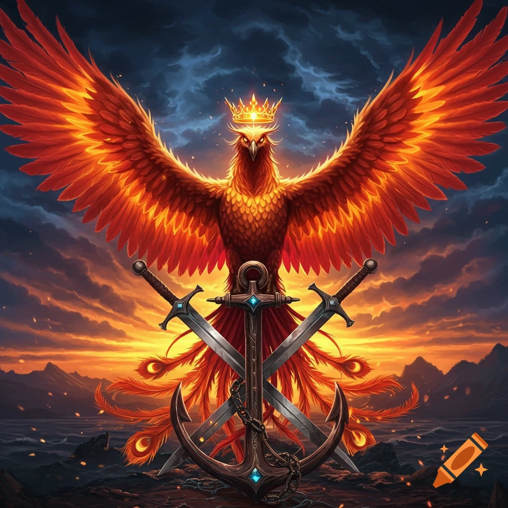 A majestic fiery phoenix with a golden crown and outstretched wings, with two crossed swords and an anchor in the foreground, against a dramatic sunset over the sea.