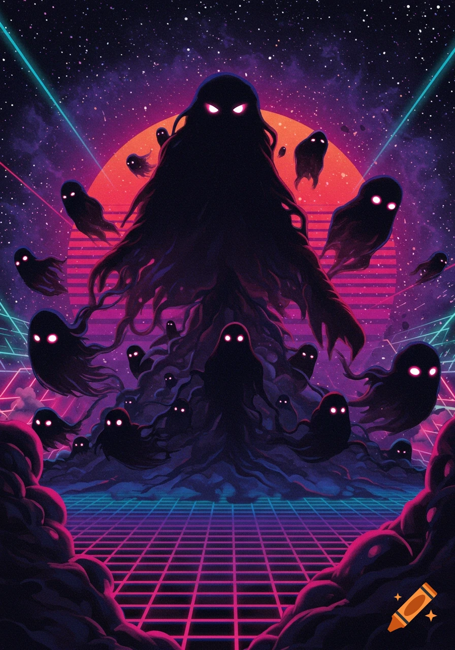 Dark shadow spirits with glowing eyes gather to form a giant monster in an 80s synthwave cosmic landscape with a neon grid.