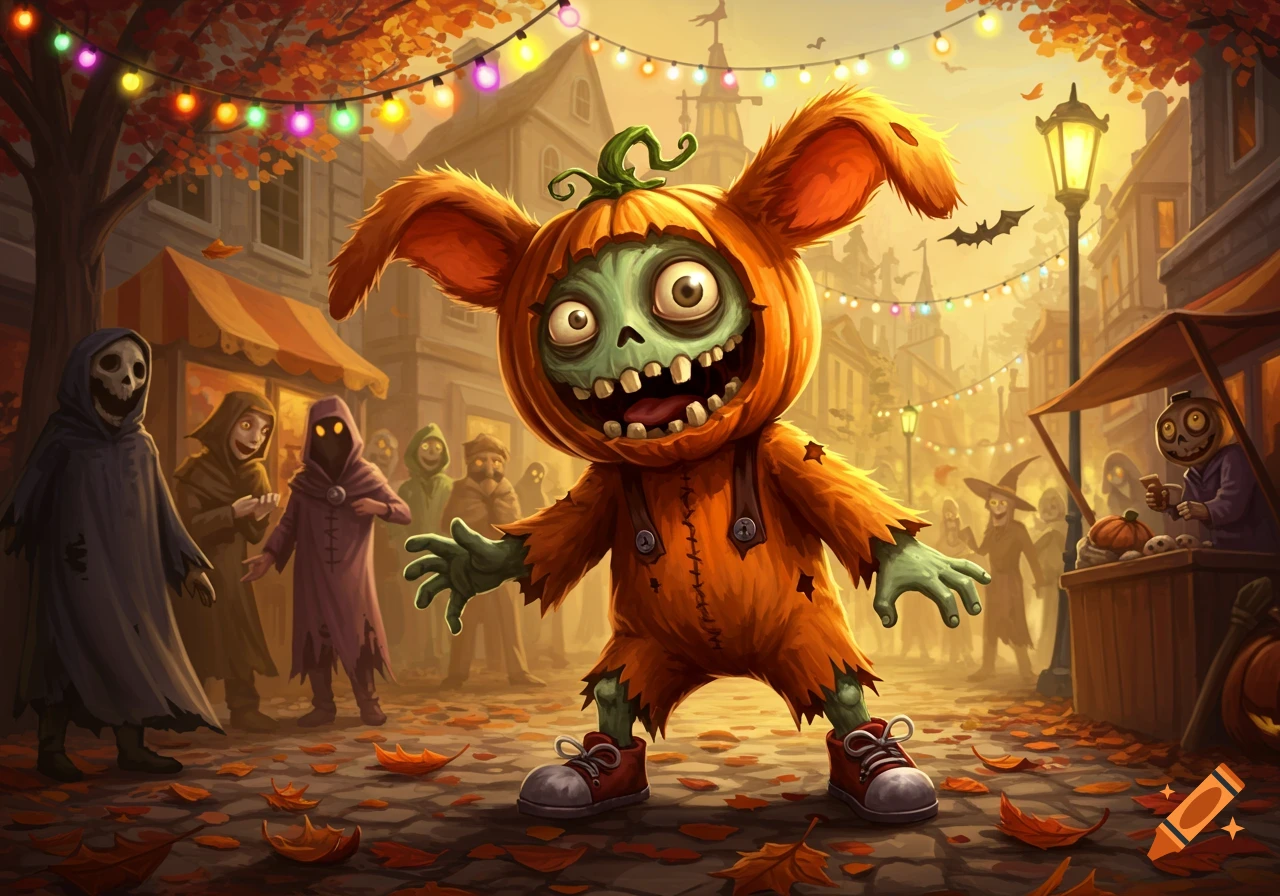 Cartoon zombie in a pumpkin costume grins in a festive Halloween street with other costumed figures, fall leaves, and string lights.